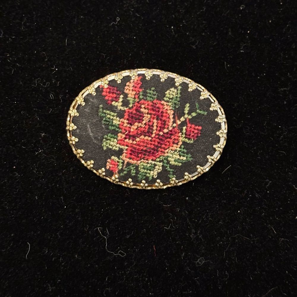 Vintage Red Rose Embroidered Brooch